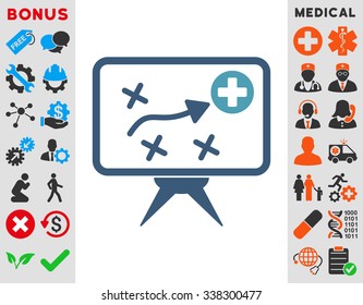 Health Strategy vector icon with bonus. Style is bicolor flat symbol, cyan and blue colors, rounded angles, white background.