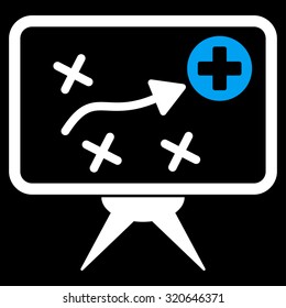 Health Strategy vector icon. Style is bicolor flat symbol, blue and white colors, rounded angles, black background.