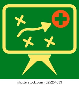 Health Strategy vector icon. Style is bicolor flat symbol, orange and yellow colors, rounded angles, green background.