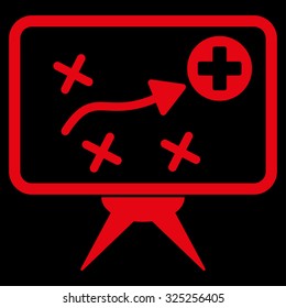 Health Strategy vector icon. Style is flat symbol, red color, rounded angles, black background.