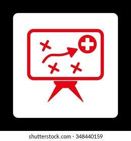 Health Strategy vector icon. Style is flat rounded square button, red and white colors, black background.