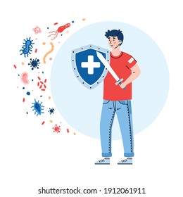 Health and strengthened immune system concept. Man with sword and shield reflects attack infections. Healthy lifestyle for protection and safety of human body. Vector illustration.