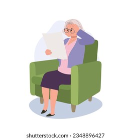 Health and Stress Concept. Mature Woman with Headache While Reading Newspaper on couch. Flat vector cartoon illustration