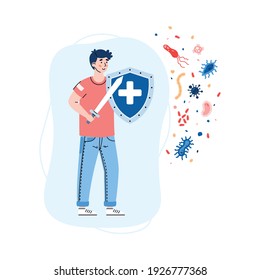 Health and strong immune system. Young man hold sword and shield reflects attack viruses and bacteria. Medical protection and safety, healthy lifestyle. Vector illustration.