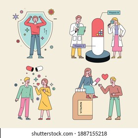 Health supplements and people characters. People with viral defenses, researchers studying pills, people with immunity decorated, couples giving pills.