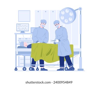 Health and surgery concept. Doctors and surgeons in medical uniforms and masks perform operations on patients. Surgeries and patient recovery, Vector illustration