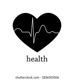 Health symbol in the form of a heart with a cardiogram. Black and white logo. Vector isolated illustration.