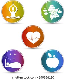 Health symbols. Healthy heart, healthy food, good sleep, yoga, spa therapy. Colorful design. Isolated on a white background.