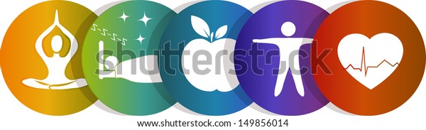 Health symbols.\
Healthy heart, healthy food, good sleep, yoga. Colorful design.\
Isolated on a white\
background.