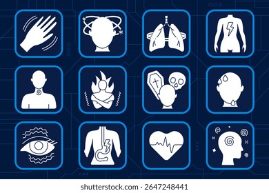 Ícone do conjunto de sintomas de integridade. Tremor das mãos, vertigens, dificuldade em respirar, dor corporal total, pressão no pescoço, arrepios, medo de morte, suor facial, contração ocular, dor de estômago, controlo do pulso, confusão, alerta de sintomas
