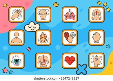 Health symptom set icon. Trembling hand, dizziness, lung pressure, back pain, throat inflammation, body chills, death anxiety, sweating face, eye spasm, stomach ache, heartbeat, mental confusion