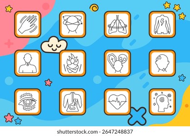 Ícone do conjunto de sintomas de integridade. Tremor das mãos, tonturas, espasmo pulmonar, dor corporal, irritação da garganta, arrepios, ansiedade de morte, sudorese da face, contração ocular, dor de estômago, frequência cardíaca, nevoeiro mental