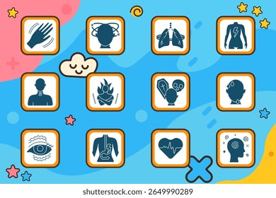 Health symptom set icon. Trembling hand, dizzy head, lung spasm, full body pain, throat issue, chills, death anxiety, sweating, eye twitch, stomach discomfort, heart problem, mental confusion