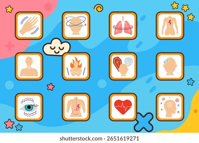 Ícone do conjunto de sintomas de integridade. Mão tremendo, cabeça girando, pressão pulmonar, dor corporal, desconforto na garganta, calafrios, medo de morte, sudorese, contração ocular, dor de estômago, batimento cardíaco, confusão cerebral