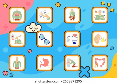 Ícone do conjunto de sintomas de integridade. Mão tremendo, cabeça girando, pressão pulmonar, dor corporal, desconforto na garganta, calafrios, medo de morte, sudorese, contração ocular, dor de estômago, batimento cardíaco, confusão cerebral