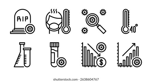 Health Symptoms, Diagnostics, and Research Icon Set. Fever, Test Tube, and Data Chart Icons. Vital for medical testing, analysis, and illness tracking.