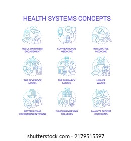 Health systems blue gradient concept icons set. Healthcare transformation idea thin line color illustrations. Integrative medicine. Isolated symbols. Roboto-Medium, Myriad Pro-Bold fonts used