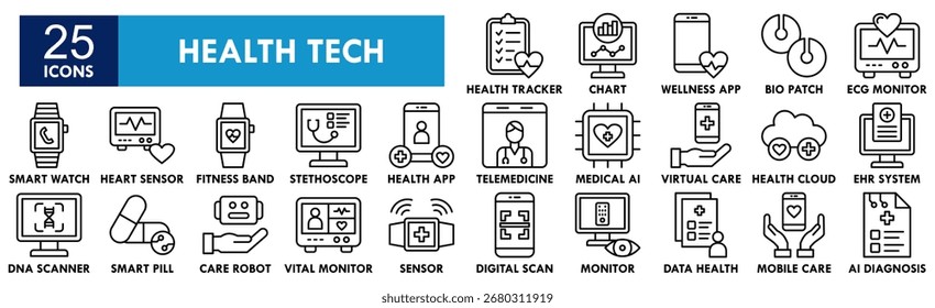 Health Tech icon collection set. Containing design technology, tech, health, medical, medicine, digital