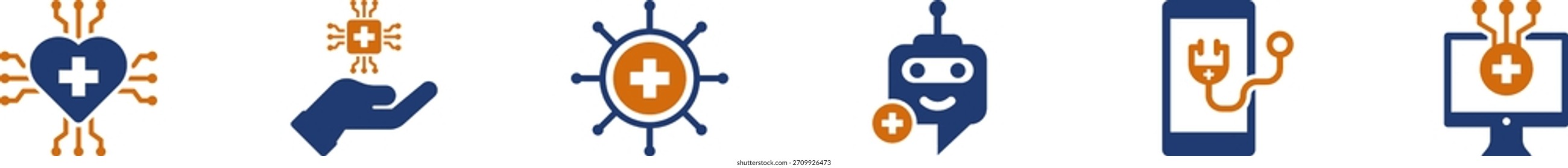 Conjunto de iconos de tecnología de la salud. Estilo sólido, Ilustración vectorial