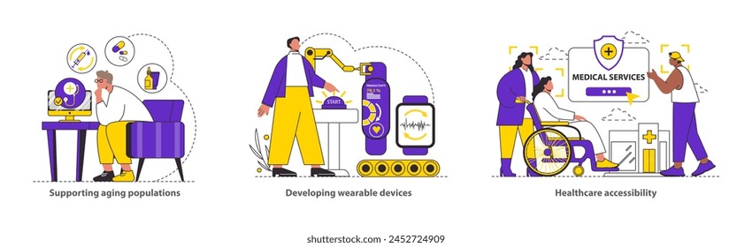 Health Tech Solutions set. Support for seniors, innovation in wearable healthcare devices, and improved medical services access. Digital healthcare progress. Vector illustration.