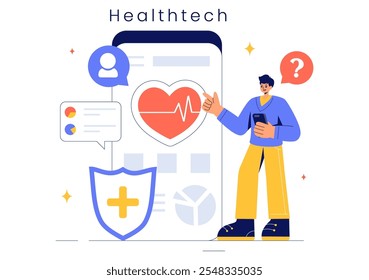 Ilustración vectorial de tecnología de la salud con dispositivos modernos de alta Tecnología utilizados en la vida cotidiana para rastrear las condiciones de salud en un fondo plano