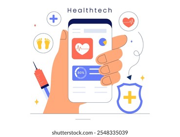 Health Tech-Vektorgrafik mit modernen Hochtechnologie-Geräten, die im Alltag zum Verfolgen von Gesundheitszuständen verwendet werden, auf flachem Hintergrund