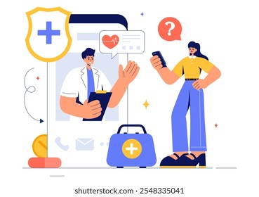 Ilustración vectorial de tecnología de la salud con dispositivos modernos de alta Tecnología utilizados en la vida cotidiana para rastrear las condiciones de salud en un fondo plano