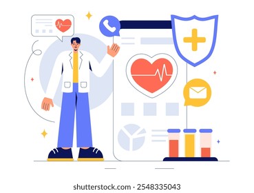 Ilustración vectorial de tecnología de la salud con dispositivos modernos de alta Tecnología utilizados en la vida cotidiana para rastrear las condiciones de salud en un fondo plano