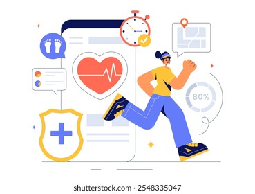 Ilustración vectorial de tecnología de la salud con dispositivos modernos de alta Tecnología utilizados en la vida cotidiana para rastrear las condiciones de salud en un fondo plano