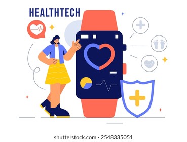 Ilustración vectorial de tecnología de la salud con dispositivos modernos de alta Tecnología utilizados en la vida cotidiana para rastrear las condiciones de salud en un fondo plano