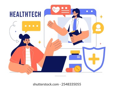 Ilustración vectorial de tecnología de la salud con dispositivos modernos de alta Tecnología utilizados en la vida cotidiana para rastrear las condiciones de salud en un fondo plano