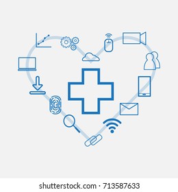 Health Technology (HealthTech) - Cross around with tech icon as heart sign