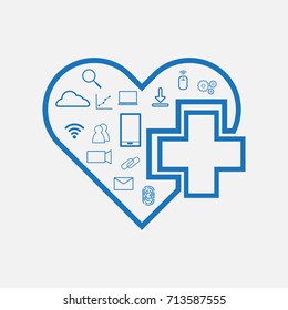 Health Technology (HealthTech) - cross with heart  with tech icon inside