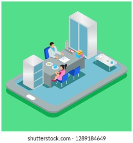 Health technology and medical advice, isometric health services. Poor health care for web banners, infographics, hero pictures. Illustration of a flat, isometric vector isolated on a green background.