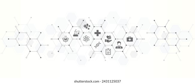 Gesundheitstechnologie und medizinischer Hintergrund Banner mit den Website-Icons der Business Innovation Medizin Wissenschaft Gesundheitssicherheit und Konzept der Gesundheitsfürsorge Business Vektor-Illustration