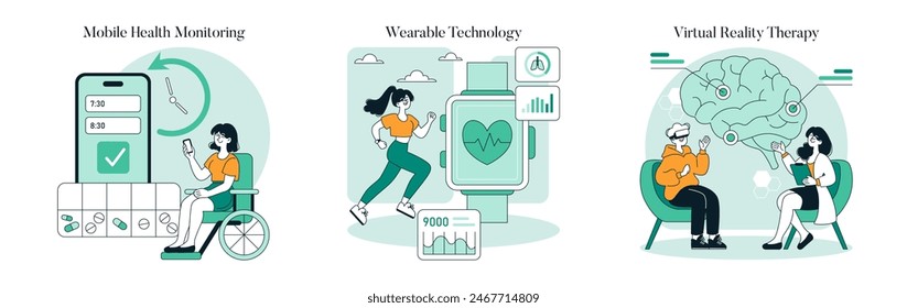 Health Technology set. Showcasing mobile health monitoring, wearable devices, and virtual reality therapy. Digital healthcare innovation. Vector illustration.