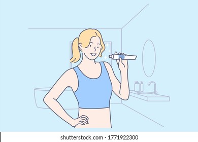 Health, teeth, care, advertisement concept. Young happy woman or girl cartoon character standing in bathroom with toothpaste and smiling. Healthy lifestyle domestic daily morning routine illustration.