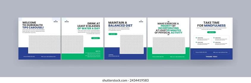 Consejos de salud carrusel editable publicación de medios sociales, plantilla de diseño de banner de carrusel degradado moderno y mínimo, ilustración vectorial