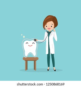 Health tooth and happy female doctor,health care concept,flat vector illustration