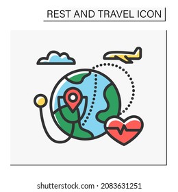 Health tourism color icon. Medical traveling to another country to get medical treatment. Birth tourism. Abroad treatment, rehabilitation. Tourism types concept. Isolated vector illustration