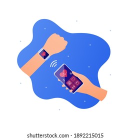 Health tracker app technology concept. Vector flat illustration. Hand holding smartphone and smart watch connect wireless. Heartbeat, calendar, heartshape, fitness symbol on screen.