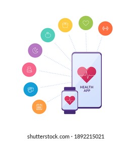 Health tracker app technology concept. Vector flat illustration. Wearable smart watch and smartphone device with heartbeat symbol on screen. Healthcare, diet, planning, food, medicine and sport icons.