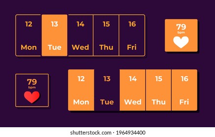 Health tracker app UI elements kit. Running routine track isolated vector icon, bar and dashboard template. Web design widget collection for mobile application with dark theme interface