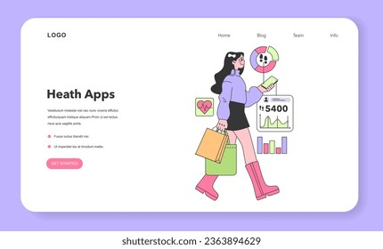 Health tracker application web banner or landing page. Female character using digital device to monitor body activity. Heartbeat, temperature control and pedometer. Flat vector illustration