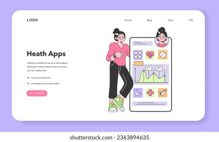 Health tracker application web banner or landing page. Female character using digital device to monitor body activity. Heartbeat, temperature control and pedometer. Flat vector illustration