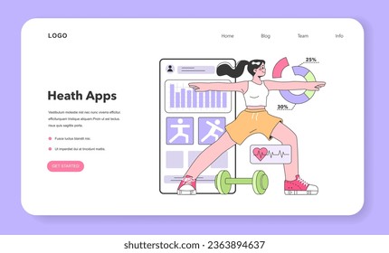 Health tracker application web banner or landing page. Female character using digital device to monitor body activity. Heartbeat, temperature control and pedometer. Flat vector illustration