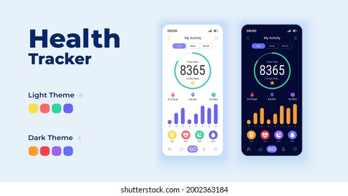 Health tracker cartoon smartphone interface vector templates set. Mobile app screen page day mode dark mode design. Informative UI for application. Phone display with flat elements
