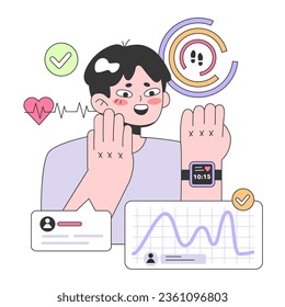 Health tracker smart watch. Character using electronic gadget to monitor body activity. Heartbeat, temperature control and pedometer. Flat vector illustration