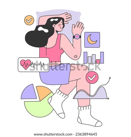 Health tracker smartwatch. Character using electronic gadget to monitor body activity during sleep. Slumber heartbeat, temperature and sleep depth control. Flat vector illustration