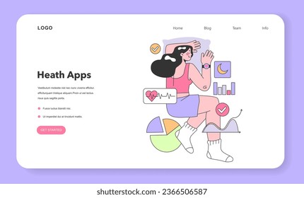 Health tracker smartwatch web banner or landing page. Character using electronic gadget to monitor body activity during sleep. Slumber heartbeat, temperature and depth. Flat vector illustration